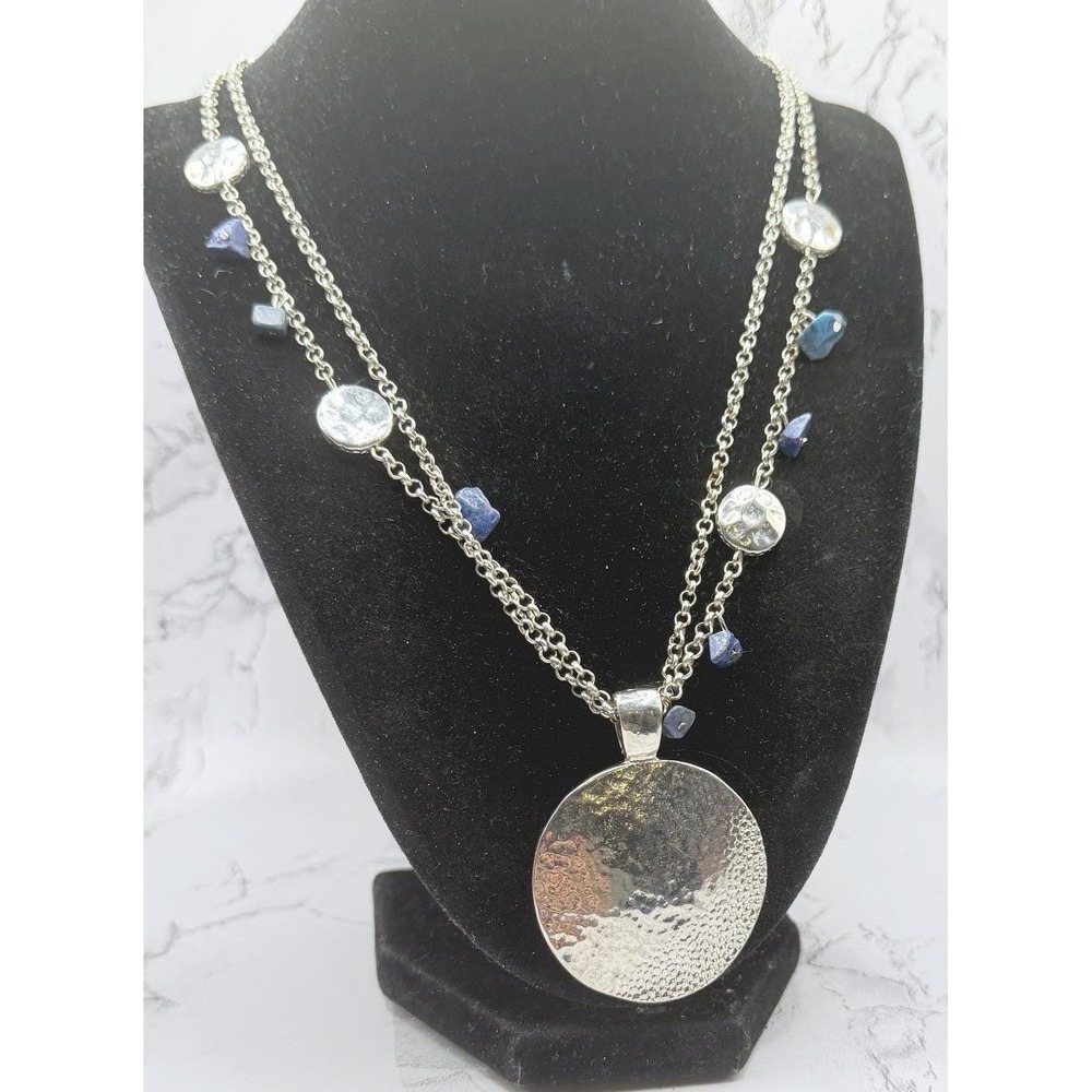 Kim Rogers Hammered Silver Disc Necklace Blue Stone‎ Multi Chain 20-23"